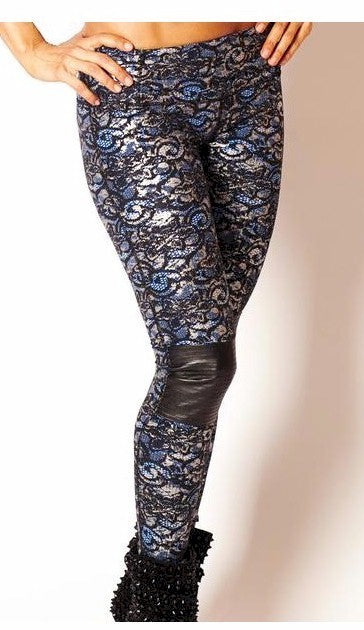 Body Rock Blue Metallic Silver Lace Print Moto Legging –