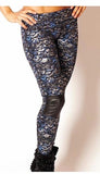 Body Rock Blue Metallic Silver Lace Print Moto Legging